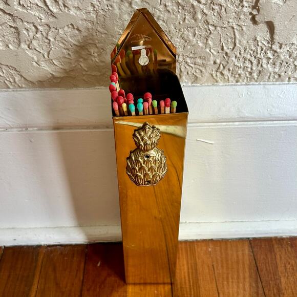 Vintage Brass Wall Mount Match Holder with Pineapple Emblem - Picture 1 of 16